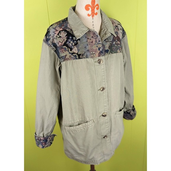 VTG LL Bean Womens Chore Coat Barn Adirondack Jacket Patchwork Cotton Gray Sz L? - Picture 3 of 11